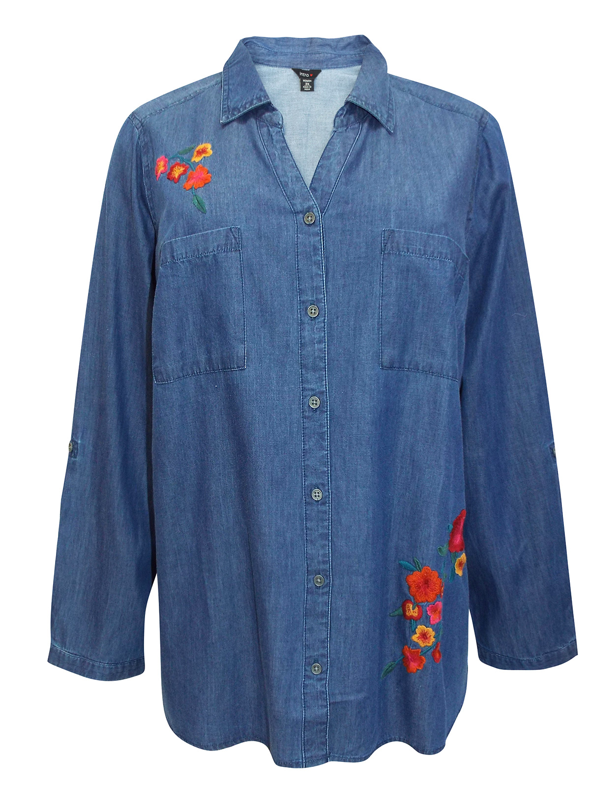 Intro Intro Blue Denim Floral Embroidered Dipped Hem Denim Shirt