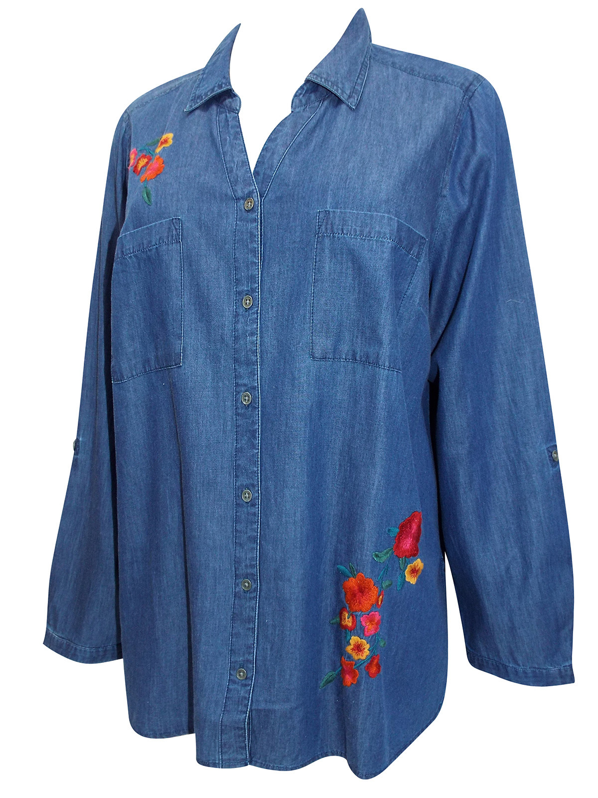 Intro - - Intro BLUE-DENIM Floral Embroidered Dipped Hem Denim Shirt ...