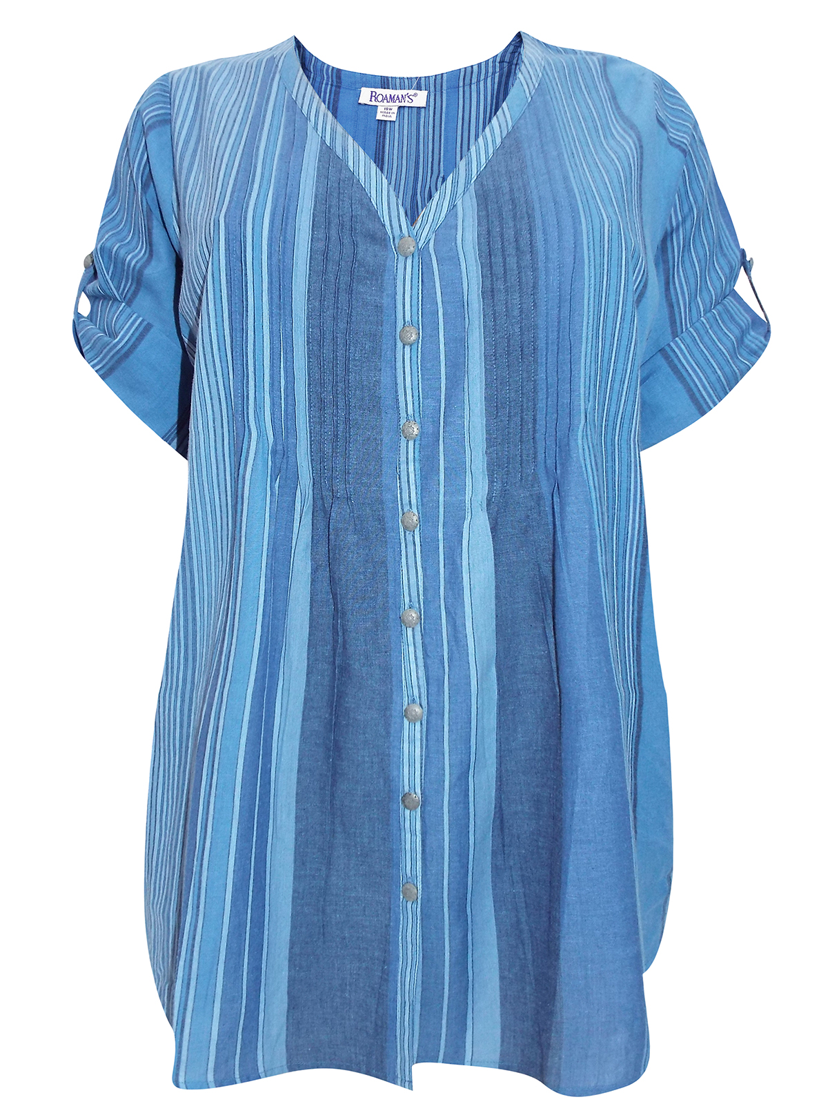 Roaman's - - Roamans BLUE Pure Cotton Striped Tab Sleeve Shirt - Plus ...