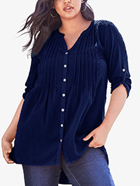 Roamans NAVY Y-Neck Big Shirt Blouse - Plus Size 14 to 38 (US 12W to 36W)