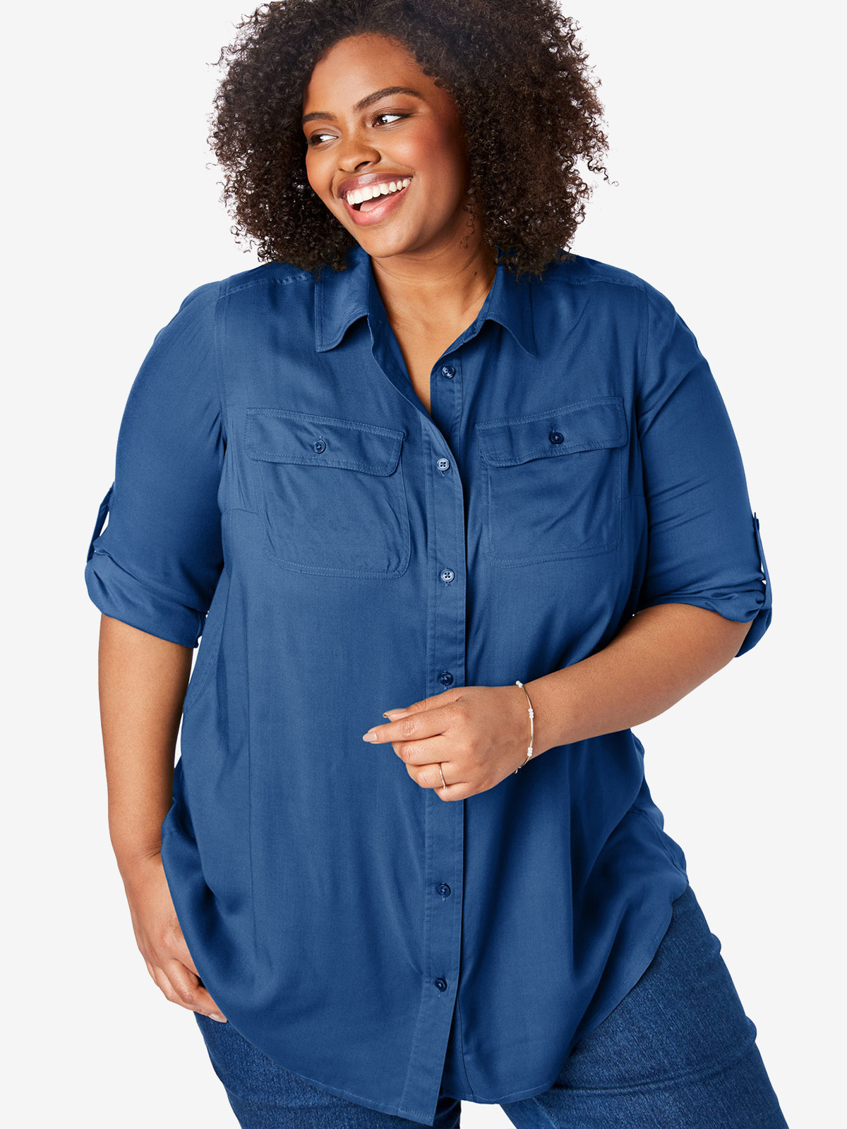 Woman Within - - Woman Within DARK BLUE Utility Button Down Shirt ...