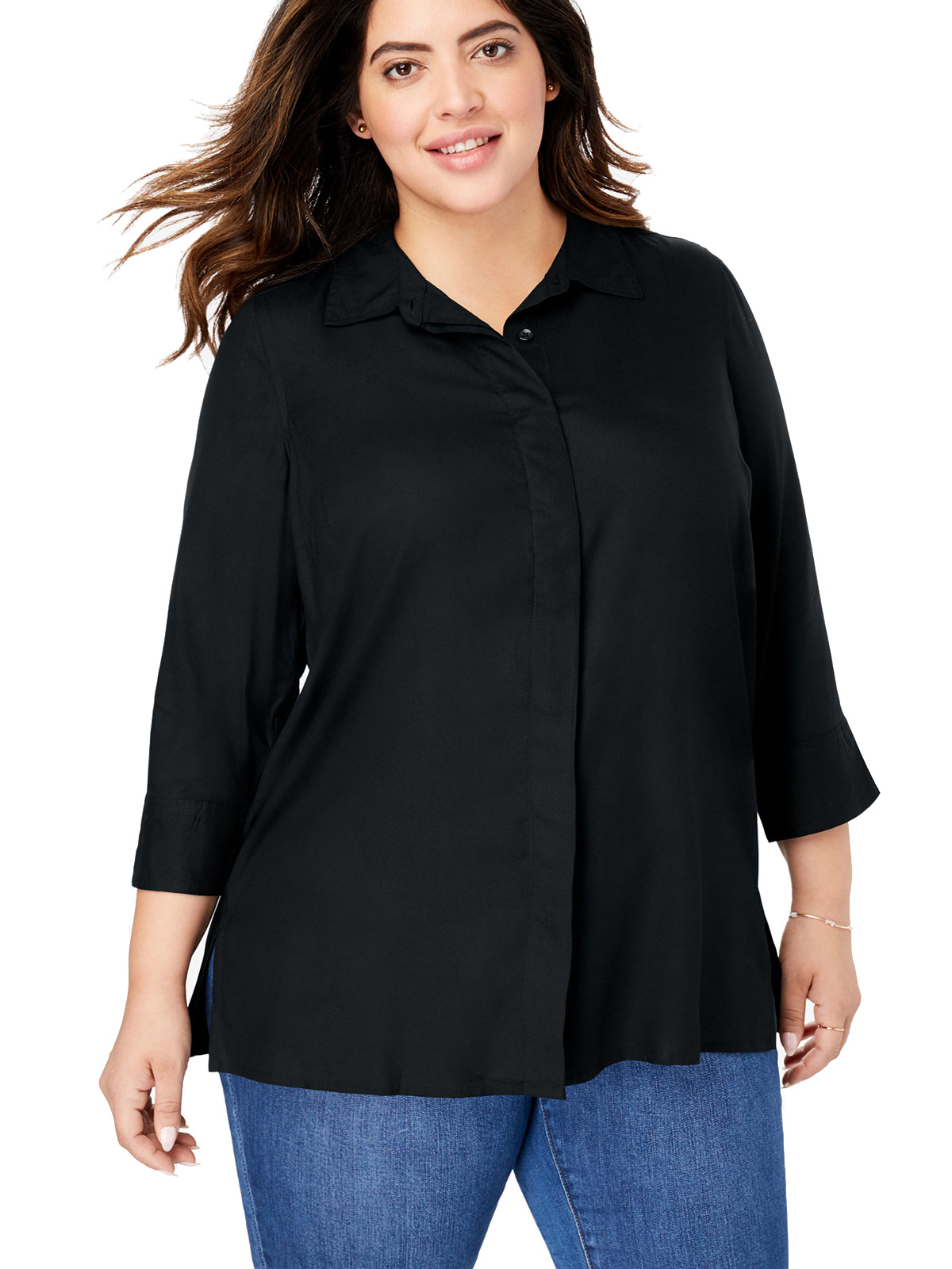 Woman Within - - Woman Within BLACK Spread Collar Elbow Sleeve A-Line ...