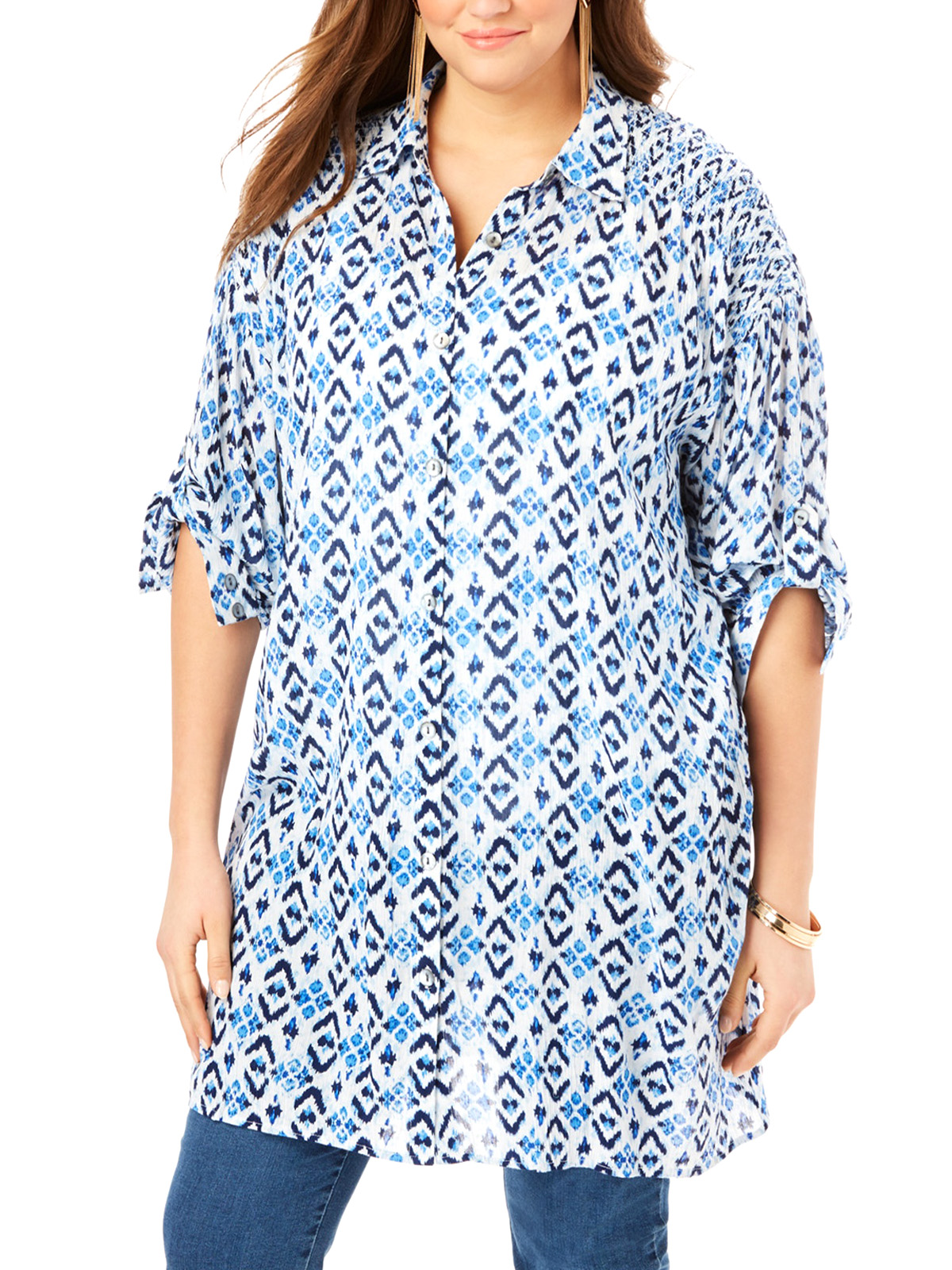 Roamans BLUE Smocked Crinkle Tunic Shirt - Plus Size 18 to 38 (US 16W to 36W)