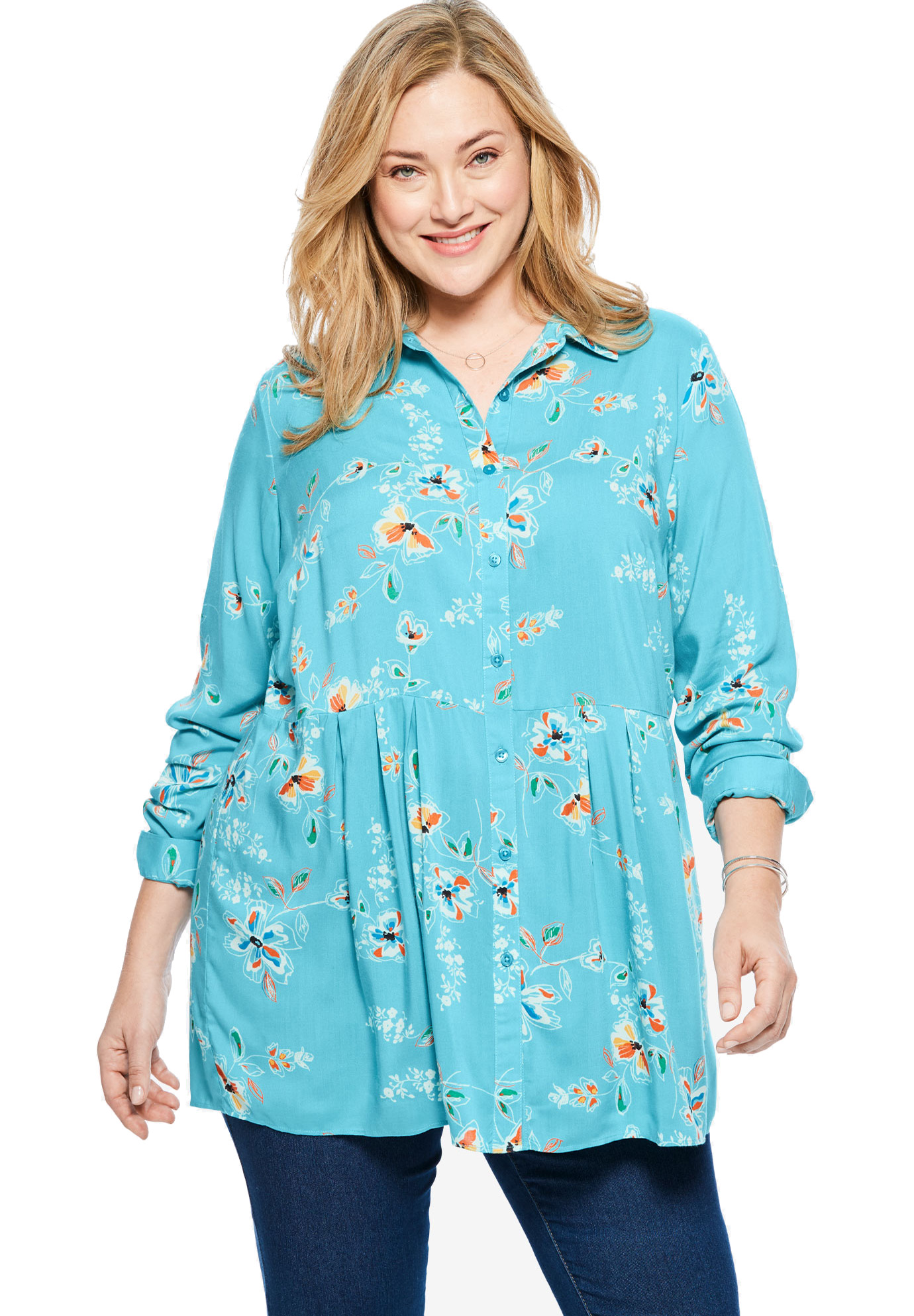 Woman Within - - Woman Within SOFT-AQUA Floral Pleated Waist Tunic ...