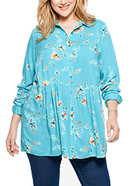 Woman Within SOFT-AQUA Floral Pleated Waist Tunic - Plus Size 20/22 to 40/42 (US L to 5X)