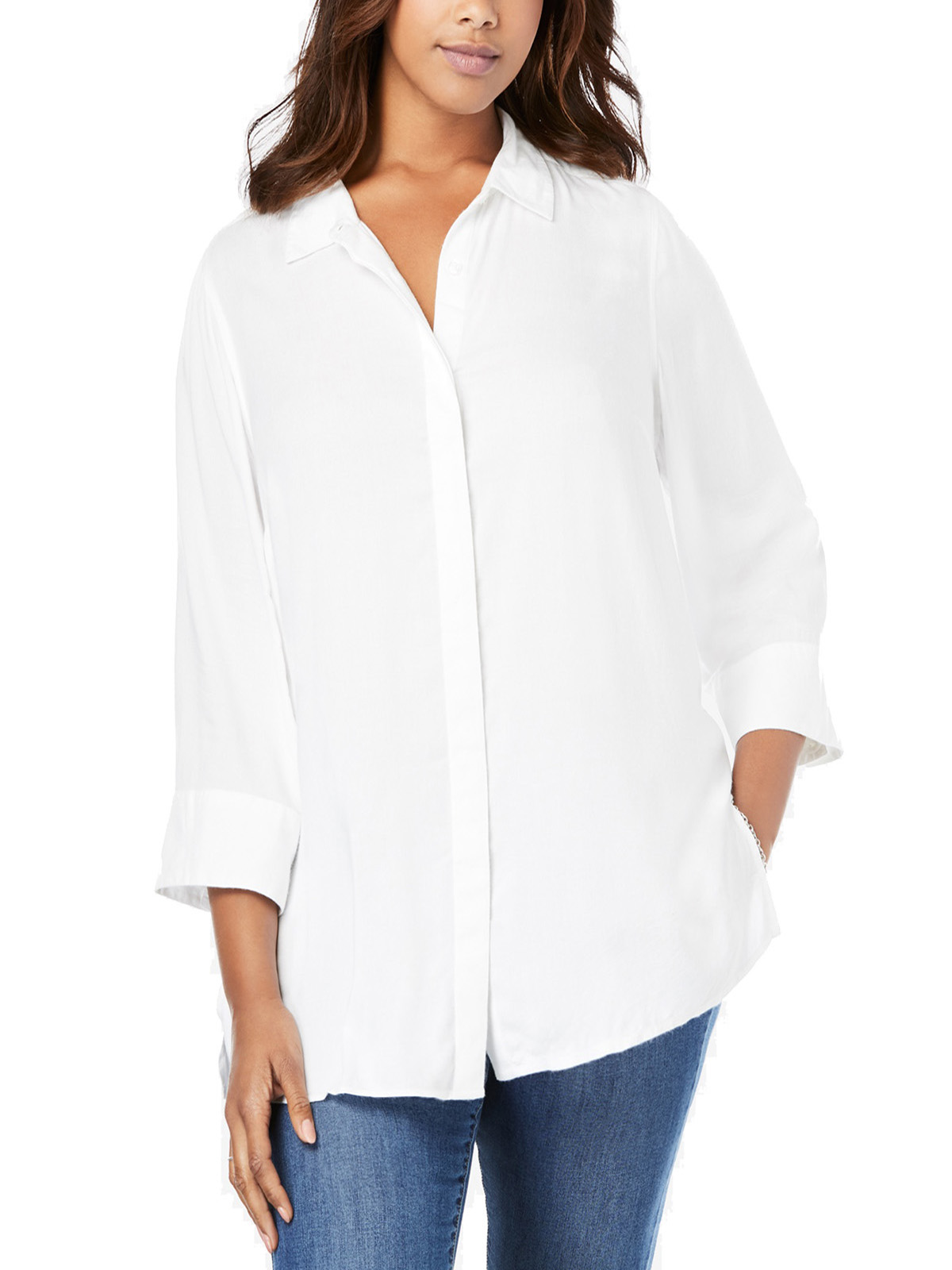 Woman Within - - Woman Within WHITE Spread Collar Elbow Sleeve A-Line ...