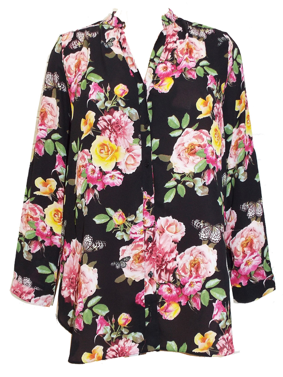 BLACK Butterfly & Floral Print Longline Blouse - Plus Size 16 to 32