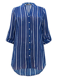 3VANS NAVY Roll Sleeve Striped Blouse - Plus Size 16 to 32
