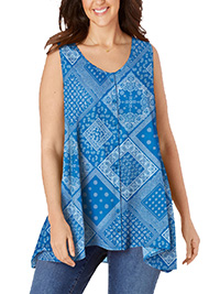 Woman Within BRIGHT-BLUE Tile Print High-Low Button Front Sleeveless Top - Plus Size 16/18 to 42/44 (US M to 6X)