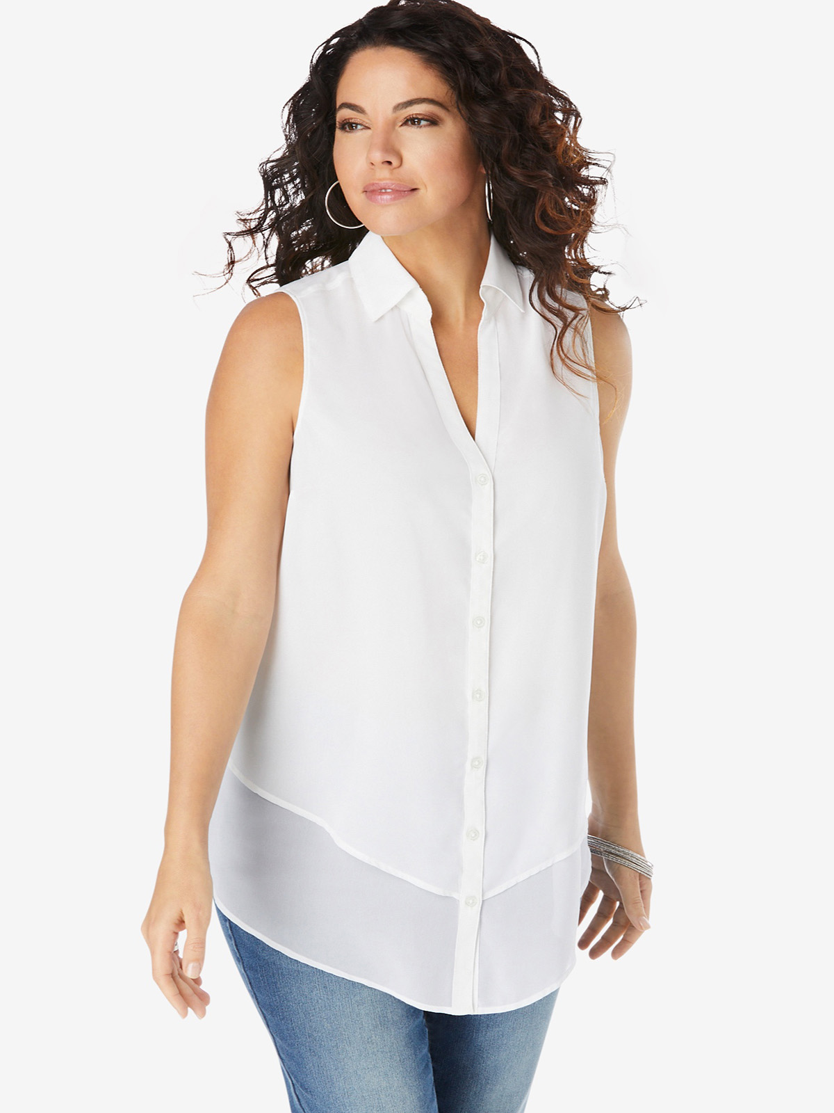 Roaman's - - Roamans WHITE Felicity Tiered Sleeveless Big Shirt - Plus ...