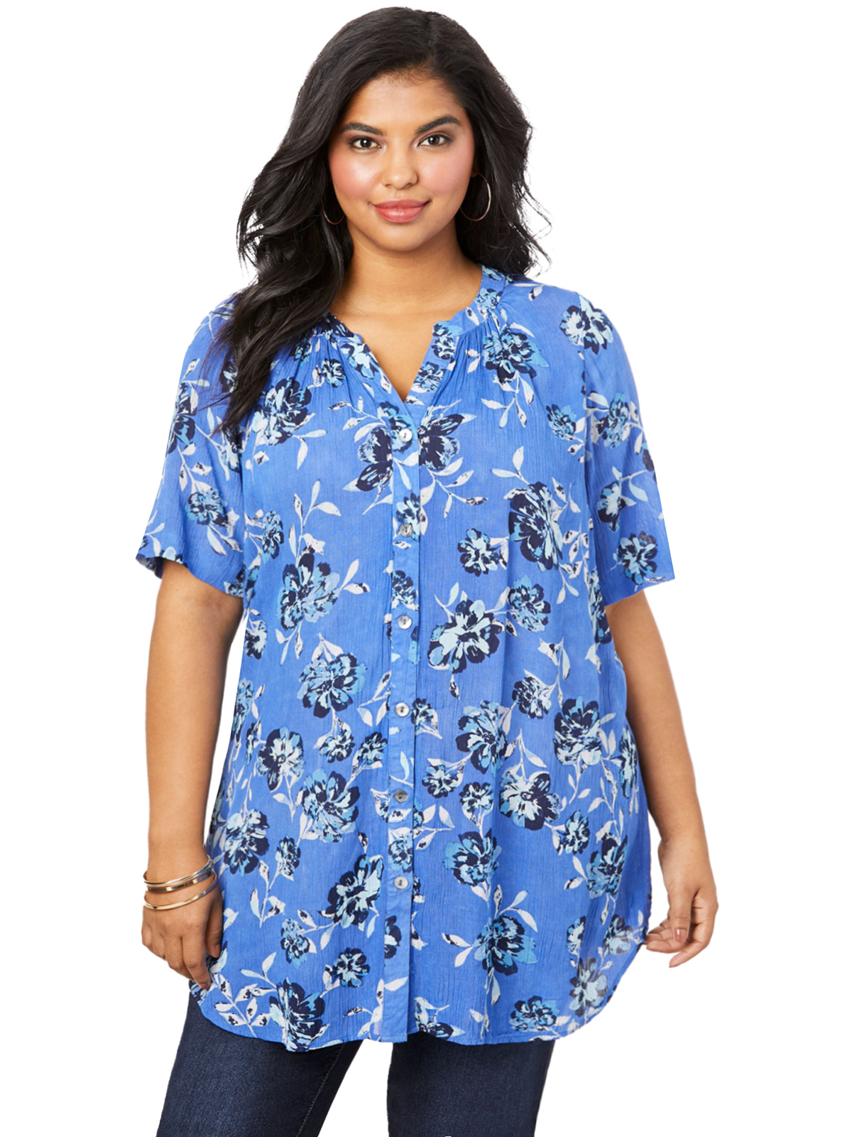 Roaman's - - Roamans BLUE Floral Print Short-Sleeve Angelina Tunic ...