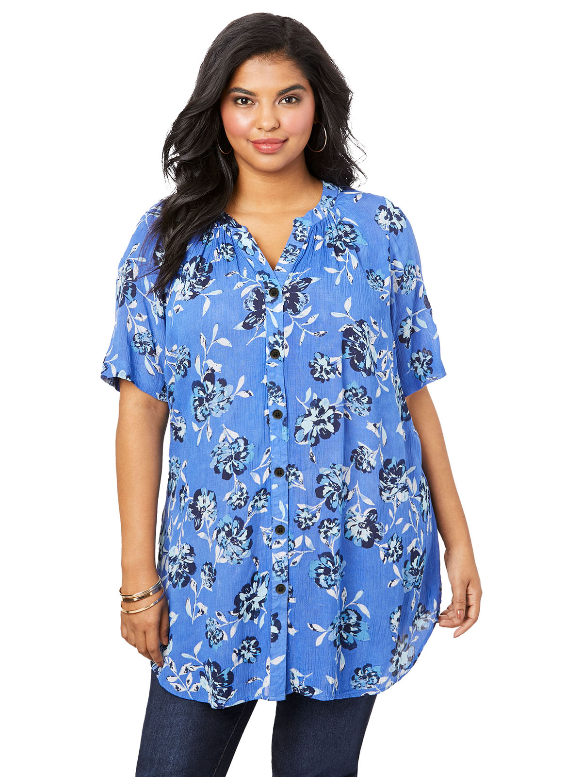 Roamans Roamans Blue Floral Print Black Buttons Short Sleeve