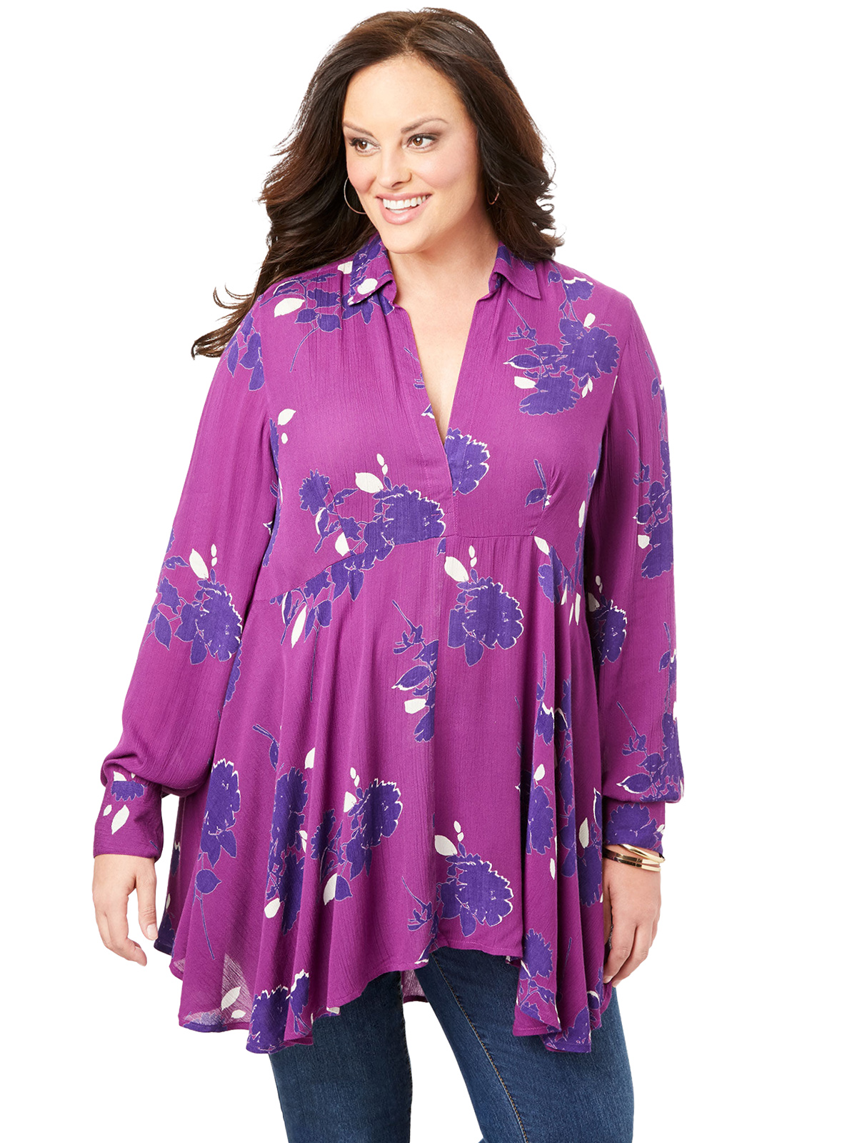Roaman's - - Roamans PURPLE Printed Fit-And-Flare Crinkle Tunic - Plus ...