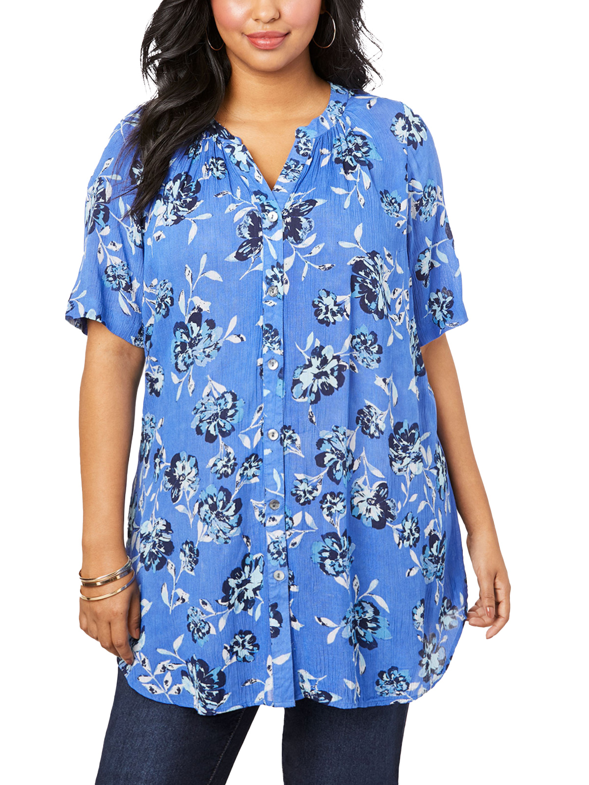 Roamans Roamans Blue Floral Print Short Sleeve Angelina Tunic Plus Size 14 To 38 Us 1 7613