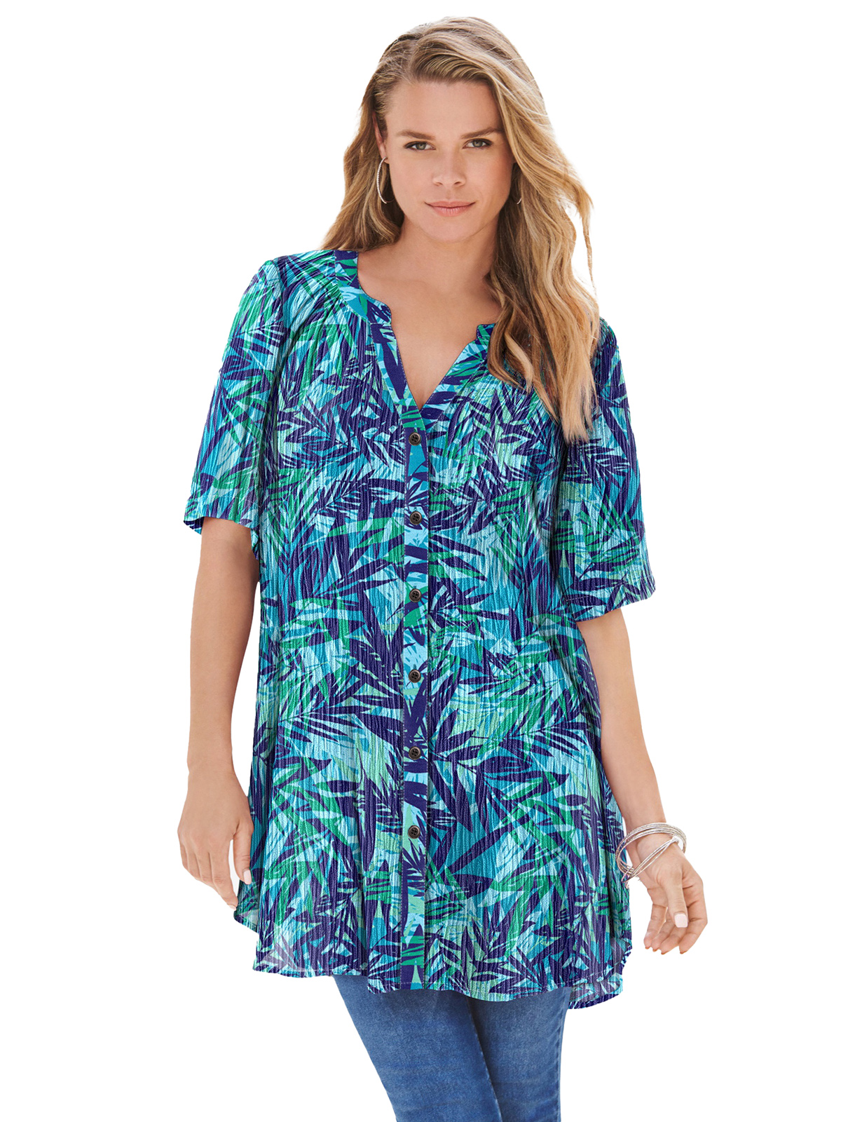 Roaman's - - Roamans BLUE Palm Print Short Sleeve Angelina Tunic w ...