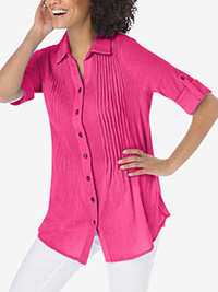 Woman Within PINK Raspberry Sorbet Pintucked Button Down Gauze Shirt - Plus Size 20/22 to 40/42 (US L to 5X)