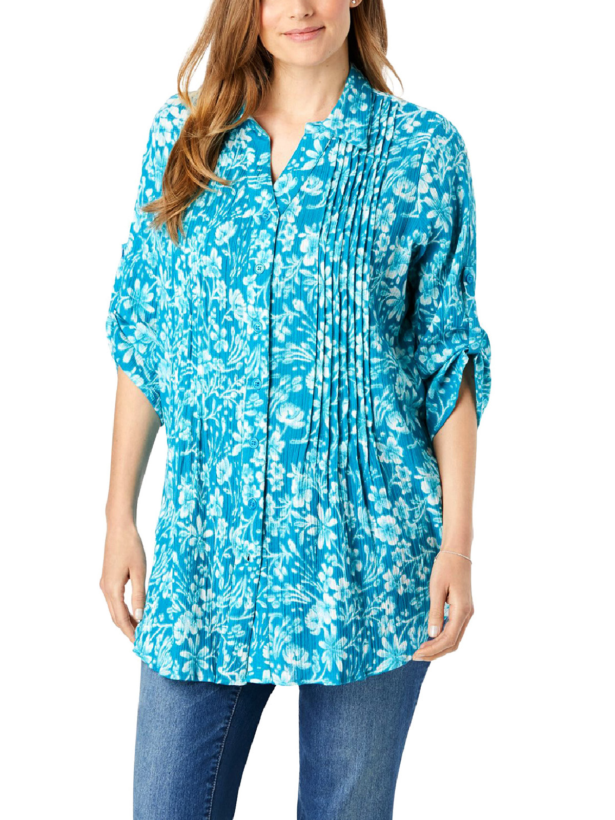 Woman Within - - Woman Within TEAL Printed Pintucked Button Down Gauze ...