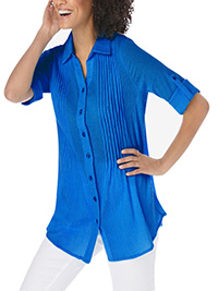 Woman Within BLUE Pintucked Button Down Gauze Shirt - Plus Size 16/18 to 40/42 (US M to 5X)