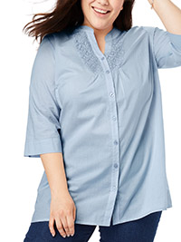 Woman Within SKY-BLUE Crochet Bib Button Down Shirt - Plus Size 16/18 to 36/38 (US M to 4X)