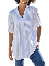 WHITE Pintucked Roll Sleeve Tunic Shirt - Plus Size 16/18 to 44/46 (US M to 6X)