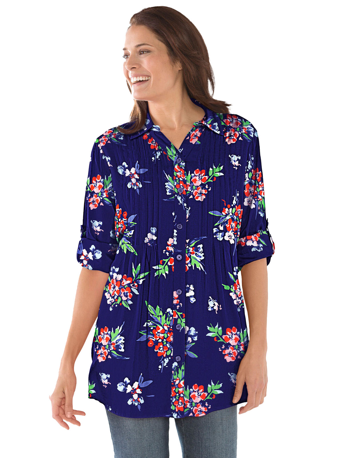 Woman Within - - Woman Within BLUE Pintucked Print Tunic Shirt - Plus ...