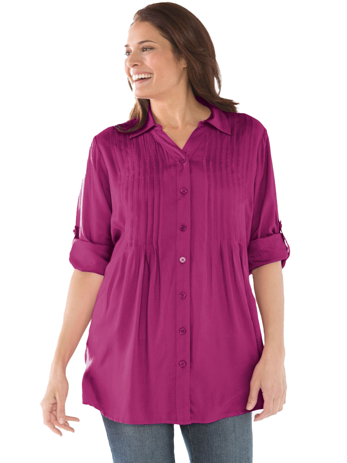 Woman Within - - Woman Within PINK Pintucked Roll Sleeve Tunic Shirt ...