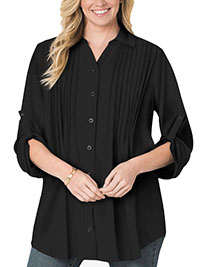 Woman Within BLACK Pintucked Roll Sleeve Tunic Shirt - Plus Size 20/22 to 40/42 (US L to 5X)