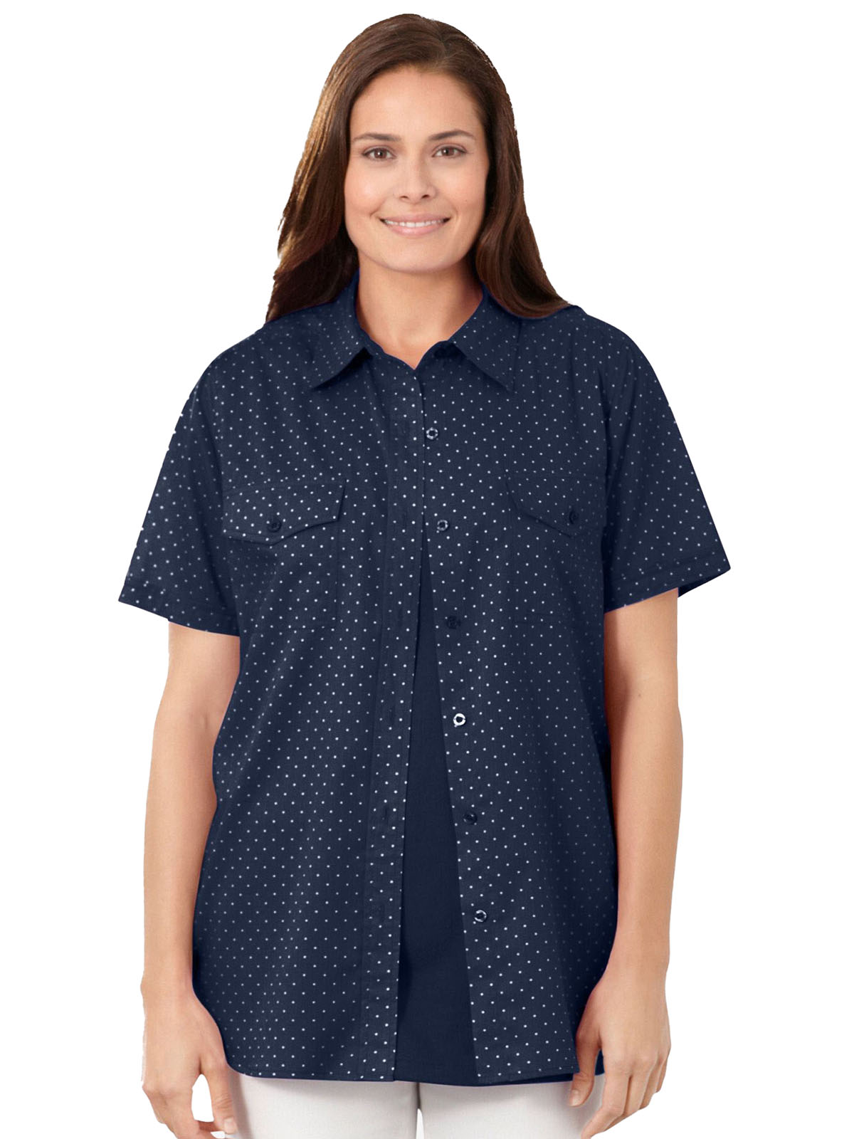 Woman Within - - Woman Within NAVY Short Sleeve Cotton Campshirt - Plus ...