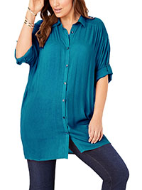 Roamans TEAL Smocked Shoulder Crinkle Tunic - Plus Size 18 to 38 (US 16W to 36W)