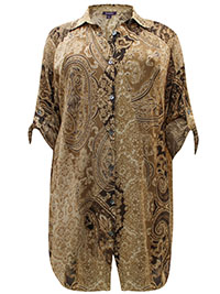 Roamans COFFEE Paisley Print Roll Sleeve Blouse - Plus Size 18 to 38 (US 16W to 36W)
