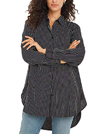 MONO Striped Long Sleeve Dipped Back Viscose Shirt - Plus Size 16 to 18