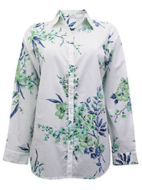 WHITE Pure Cotton Floral Print Curved Hem Blouse - Plus Size 14 to 22