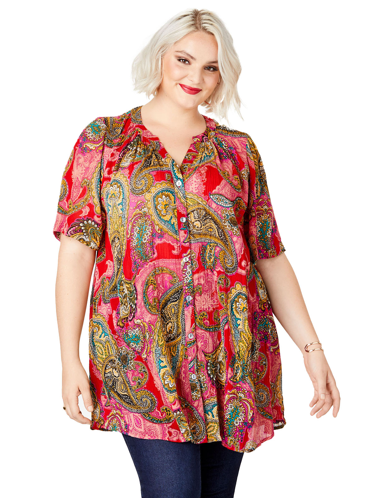 Roamans Roamans Red Paisley Print Short Sleeve Angelina Tunic