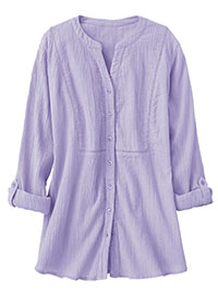 Coldwater Creek LILAC Pure Cotton Ladder Trim Roll Sleeve Crinkle Shirt - Plus Size 16 to 20/22 (US XL to 2X)