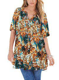 GREEN Orange Painted Flowers Short Sleeve Angelina Tunic - Plus Size 14 to 46 (US 12W to 44W)