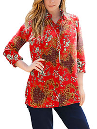 RED Oriental Floral Sheer Button Through Shirt - Plus Size 14 to 36 (US 12W to 34W)