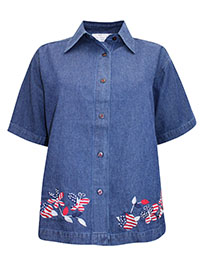 DENIM Embroidered Border Denim Shirt - Plus Size 14 to 20 (S to XL)