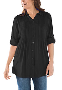 BLACK Pintucked Roll Sleeve Tunic Shirt - Plus Size 16/18 to 28/30 (US M to 2X)