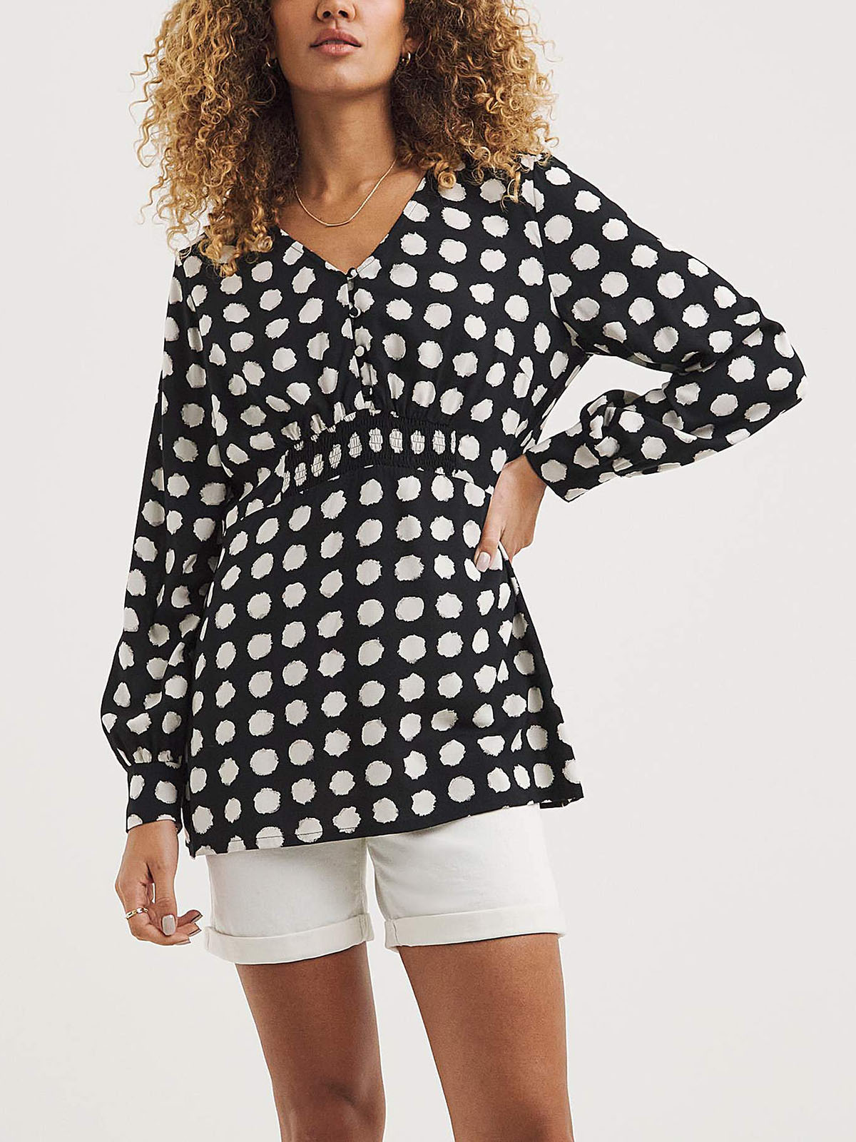 JD Williams - - BLACK Mono Spot Shirred Detail Button Front Blouse ...