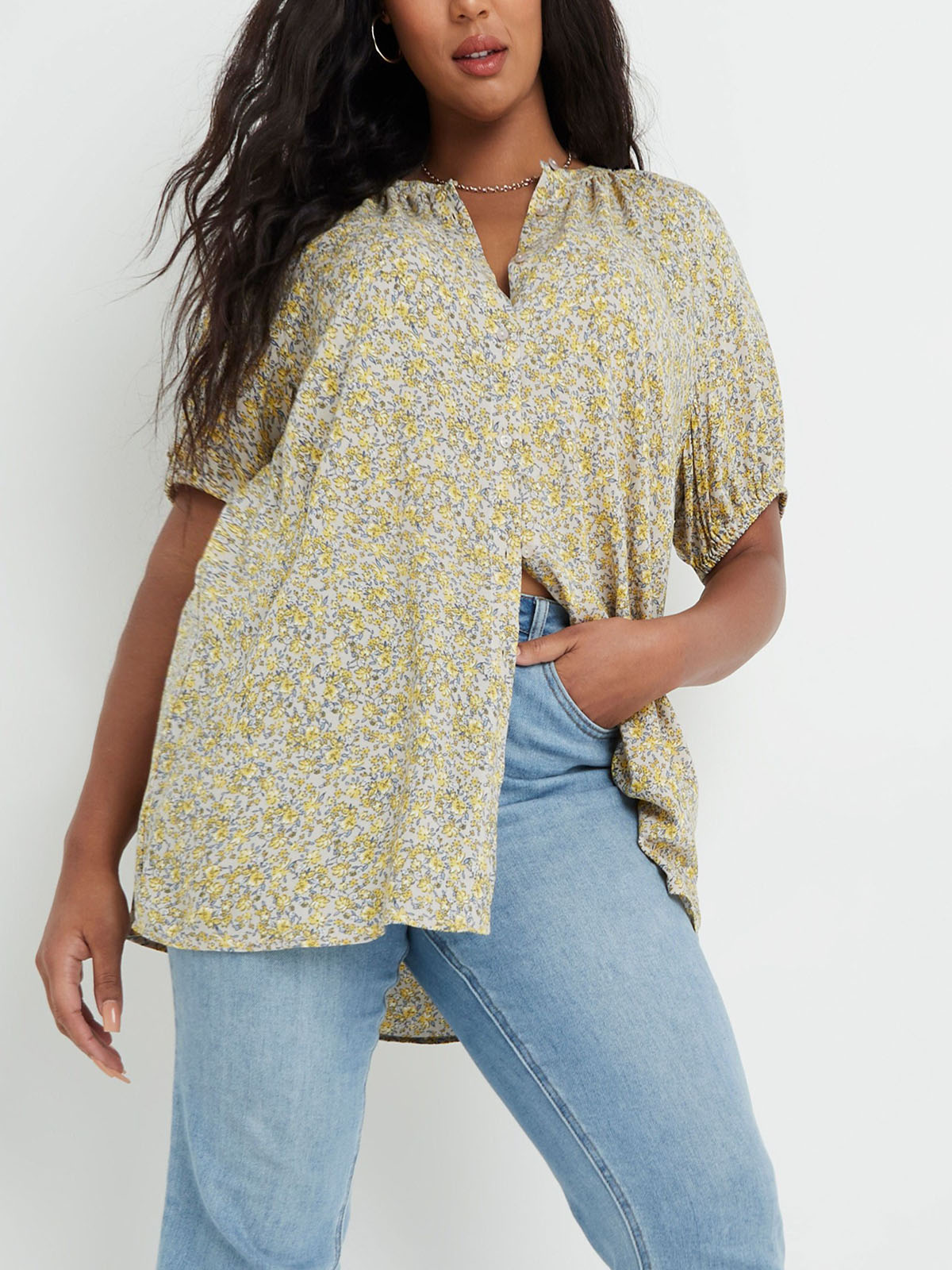 Capsule Yellow Ditsy Floral Puff Sleeve Blouse Plus Size 16 To 18 0521