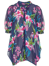 NAVY Hibiscus Print Puff Sleeve Hanky Hem Blouse - Plus Size 18 to 26/28