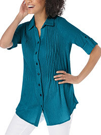 DEEP-TEAL Pintucked Roll Sleeve Tunic Shirt - Plus Size 16/18 to 32/34 (US M to 3X)