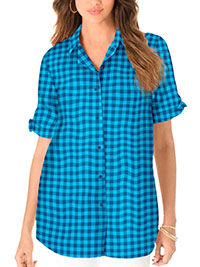 OCEAN-TEAL French Check Big Shirt - Plus Size 14 to 36 (US 12W to 34W)