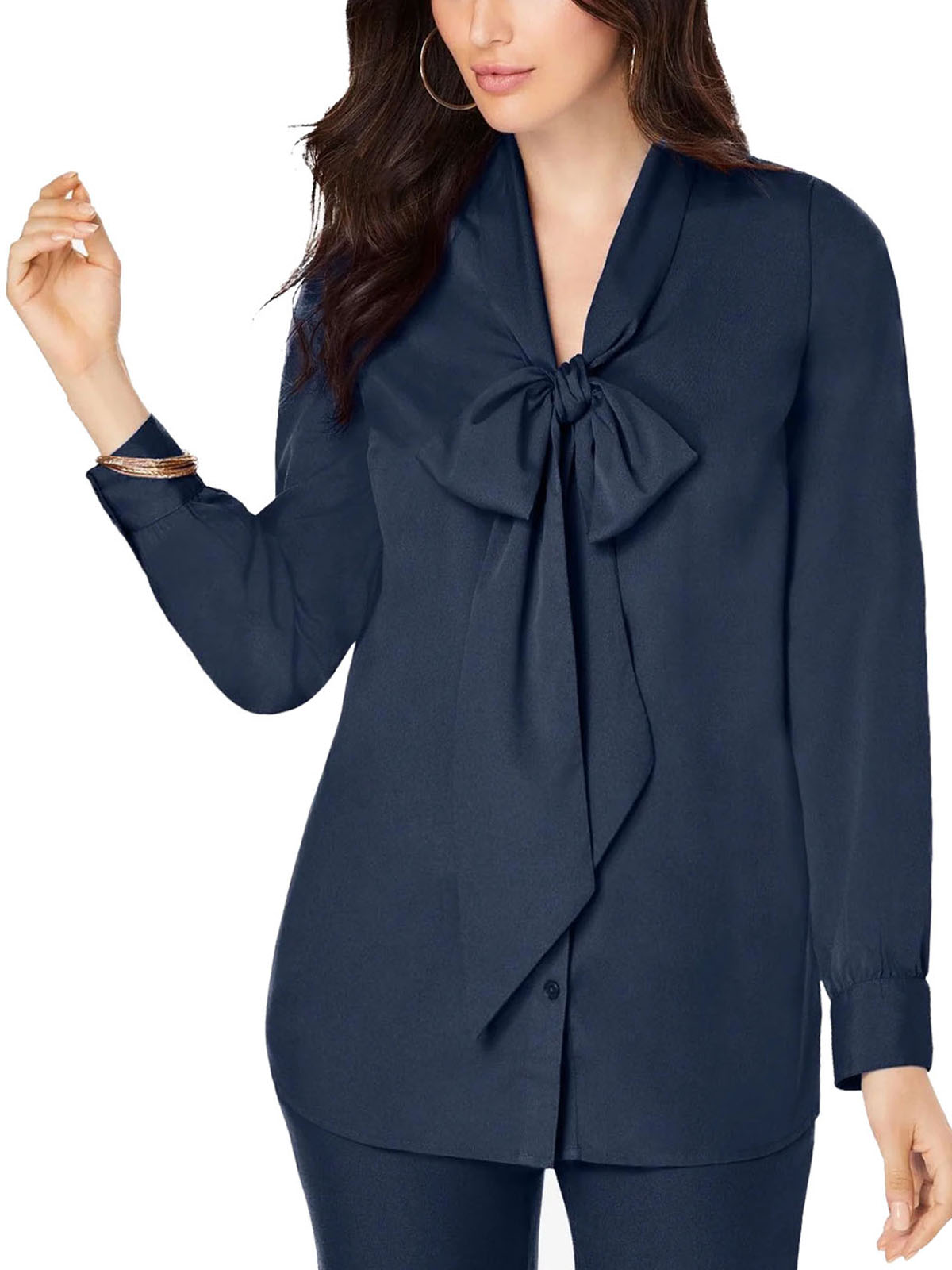 Roaman's - - NAVY Long Sleeve Bow Blouse - Plus Size 16 to 24 (US