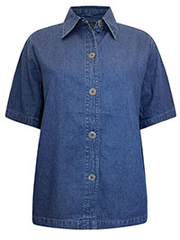 BLUE-DENIM Pure Cotton Short Sleeve Denim Shirt - Plus Size 16 to 20 (US S to L)