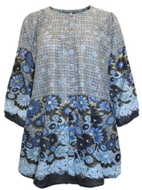 BLUE Pure Cotton Floral Print Volume Sleeve Tunic - Plus Size 24/26