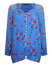 BLUE Floral Print Button Front Blouse - Size 10 to 12