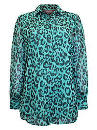 S/DAR GREEN Animal Print Sheer Sleeve Shirt - Size 14