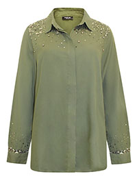 KHAKI Sequin Embellished Woven Long Sleeve Shirt - Plus Size 16 to 32