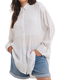 WHITE Crinkle Long Sleeve Shirt - Plus Size 12 to 26